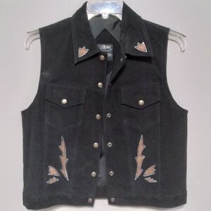 Vintage Agapi Black Suede Vest with Embroidered Accents. Snap Front.